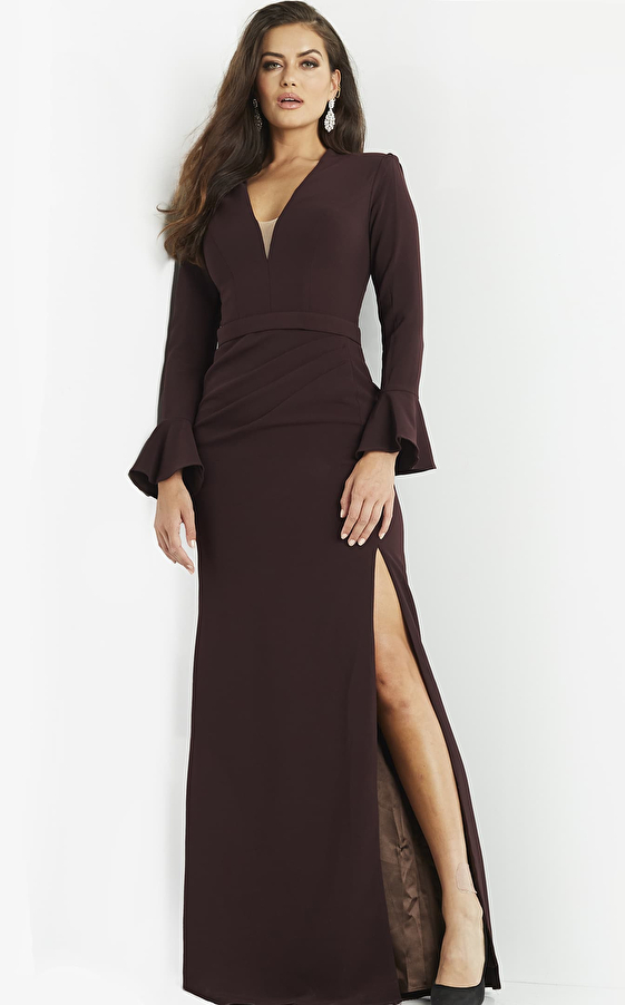 Jovani Dress 09097 Plum Plunging Neck Long Sleeve Dress 4185